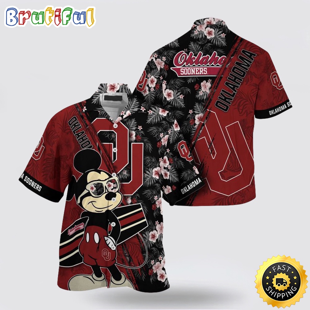 NCAA Oklahoma Sooners Hawaiian Shirt Mickey And Floral Pattern NCAA Oklahoma Sooners Hawaiian Shirt Mickey And Floral Pattern