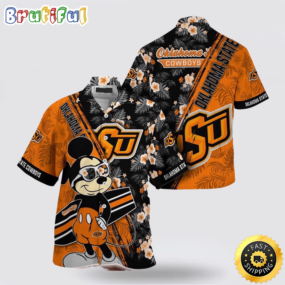 NCAA Oklahoma State Cowboys Hawaiian Shirt Mickey And Floral Pattern NCAA Oklahoma State Cowboys Hawaiian Shirt Mickey And Floral Pattern