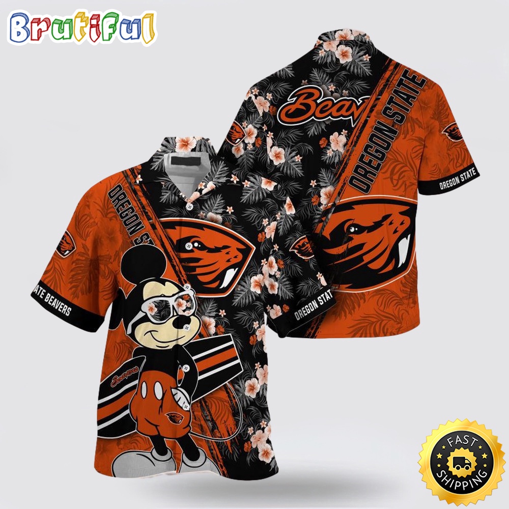 NCAA Oregon State Beavers Hawaiian Shirt Mickey And Floral Pattern NCAA Oregon State Beavers Hawaiian Shirt Mickey And Floral Pattern