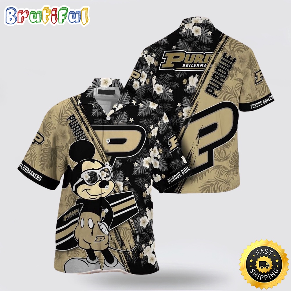 NCAA Purdue Boilermakers Hawaiian Shirt Mickey And Floral Pattern NCAA Purdue Boilermakers Hawaiian Shirt Mickey And Floral Pattern