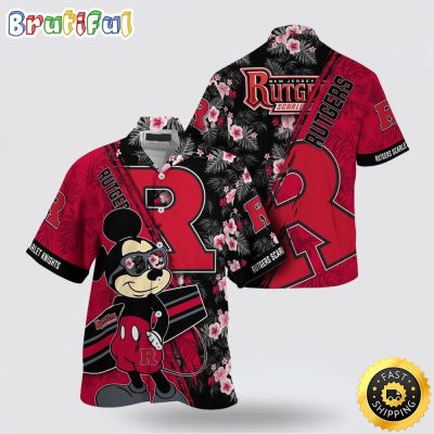 NCAA Rutgers Scarlet Knights Hawaiian Shirt Mickey And Floral Pattern