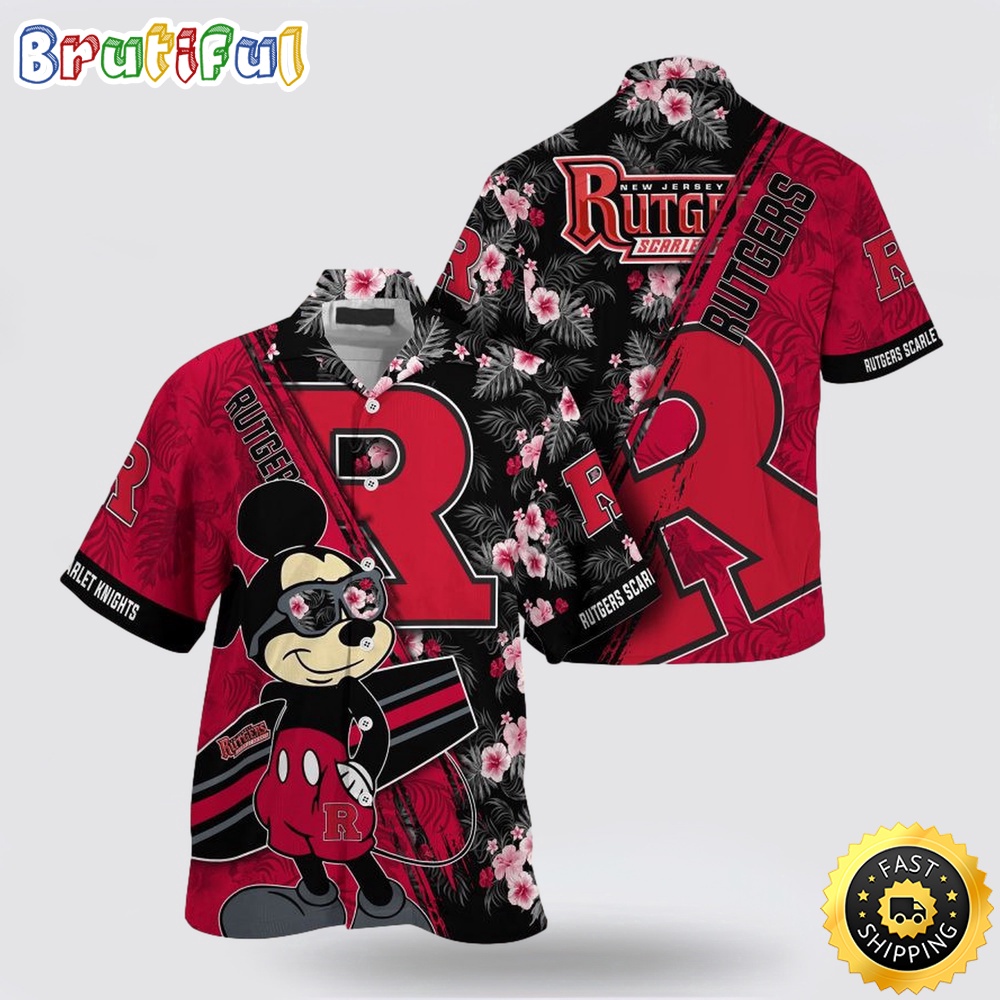 NCAA Rutgers Scarlet Knights Hawaiian Shirt Mickey And Floral Pattern NCAA Rutgers Scarlet Knights Hawaiian Shirt Mickey And Floral Pattern