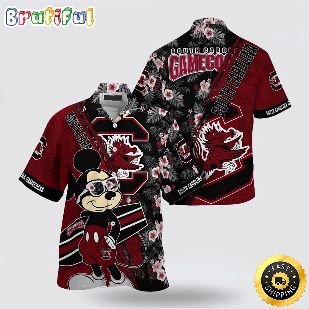 NCAA South Carolina Gamecocks Hawaiian Shirt Mickey And Floral Pattern NCAA South Carolina Gamecocks Hawaiian Shirt Mickey And Floral Pattern