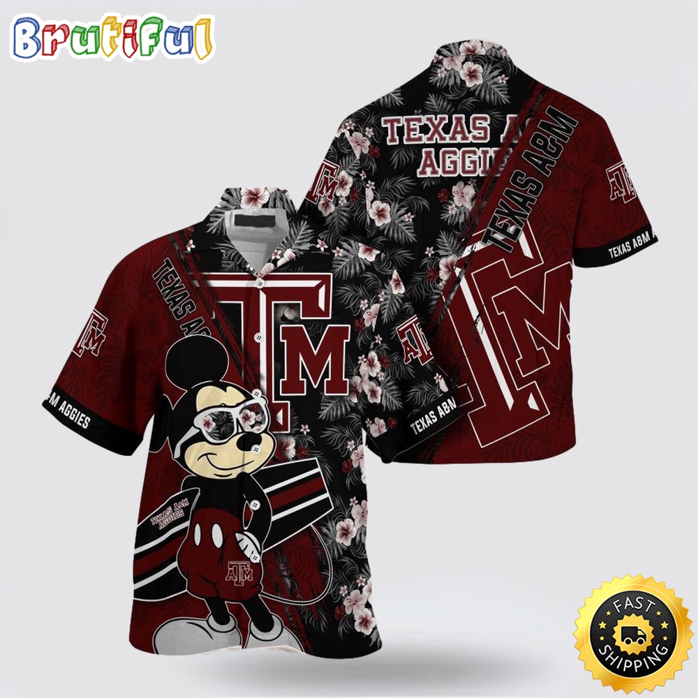 NCAA Texas A&m Aggies Hawaiian Shirt Mickey And Floral Pattern NCAA Texas A&m Aggies Hawaiian Shirt Mickey And Floral Pattern