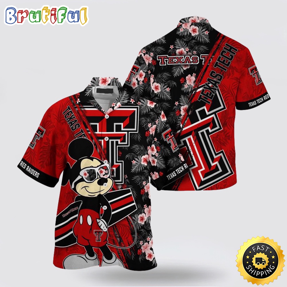 NCAA Texas Tech Red Raiders Hawaiian Shirt Mickey And Floral Pattern NCAA Texas Tech Red Raiders Hawaiian Shirt Mickey And Floral Pattern