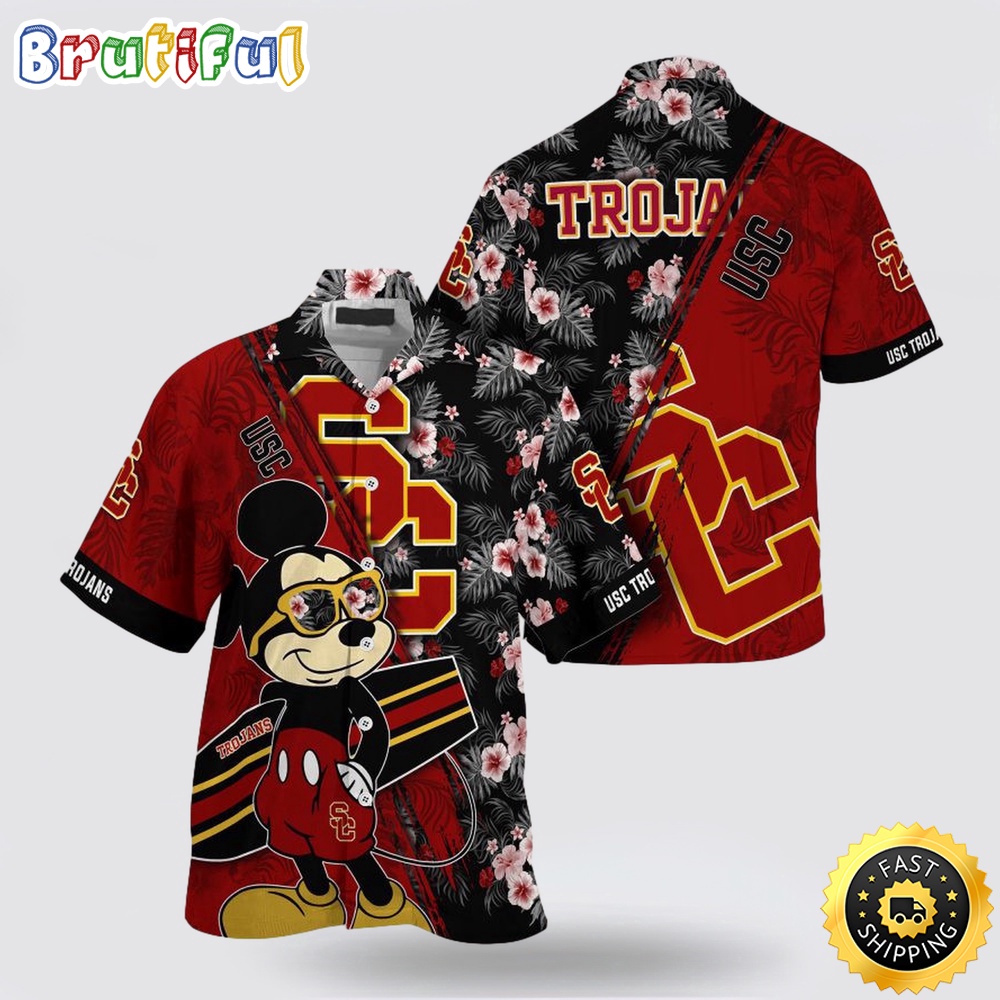 NCAA Usc Trojans Hawaiian Shirt Mickey And Floral Pattern NCAA Usc Trojans Hawaiian Shirt Mickey And Floral Pattern