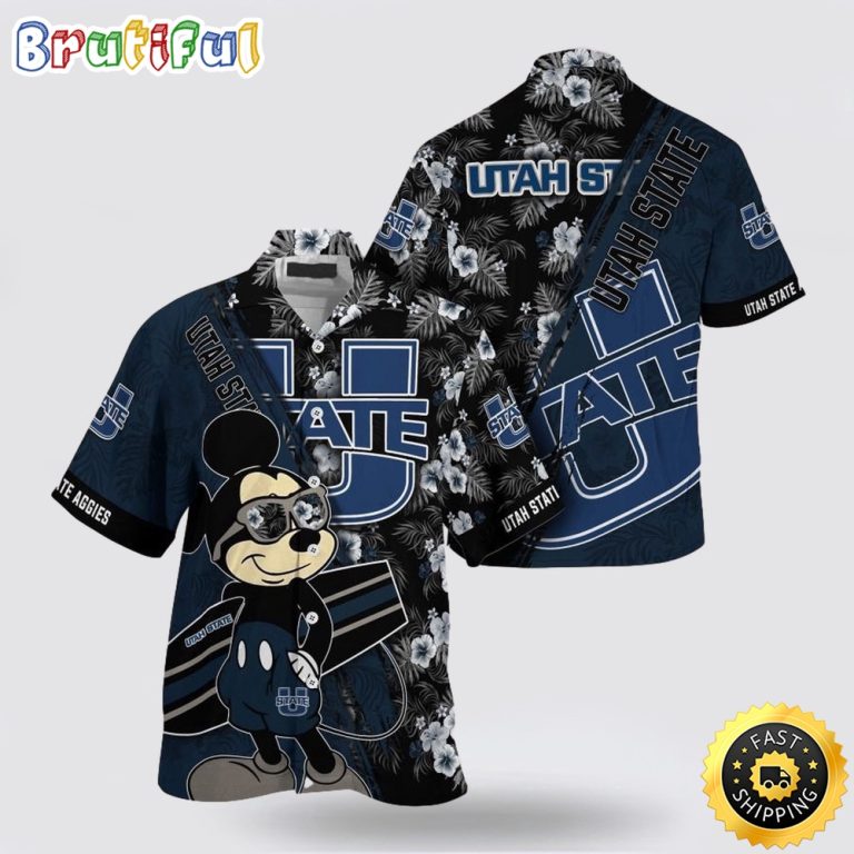 NCAA Utah State Aggies Hawaiian Shirt Mickey And Floral Pattern