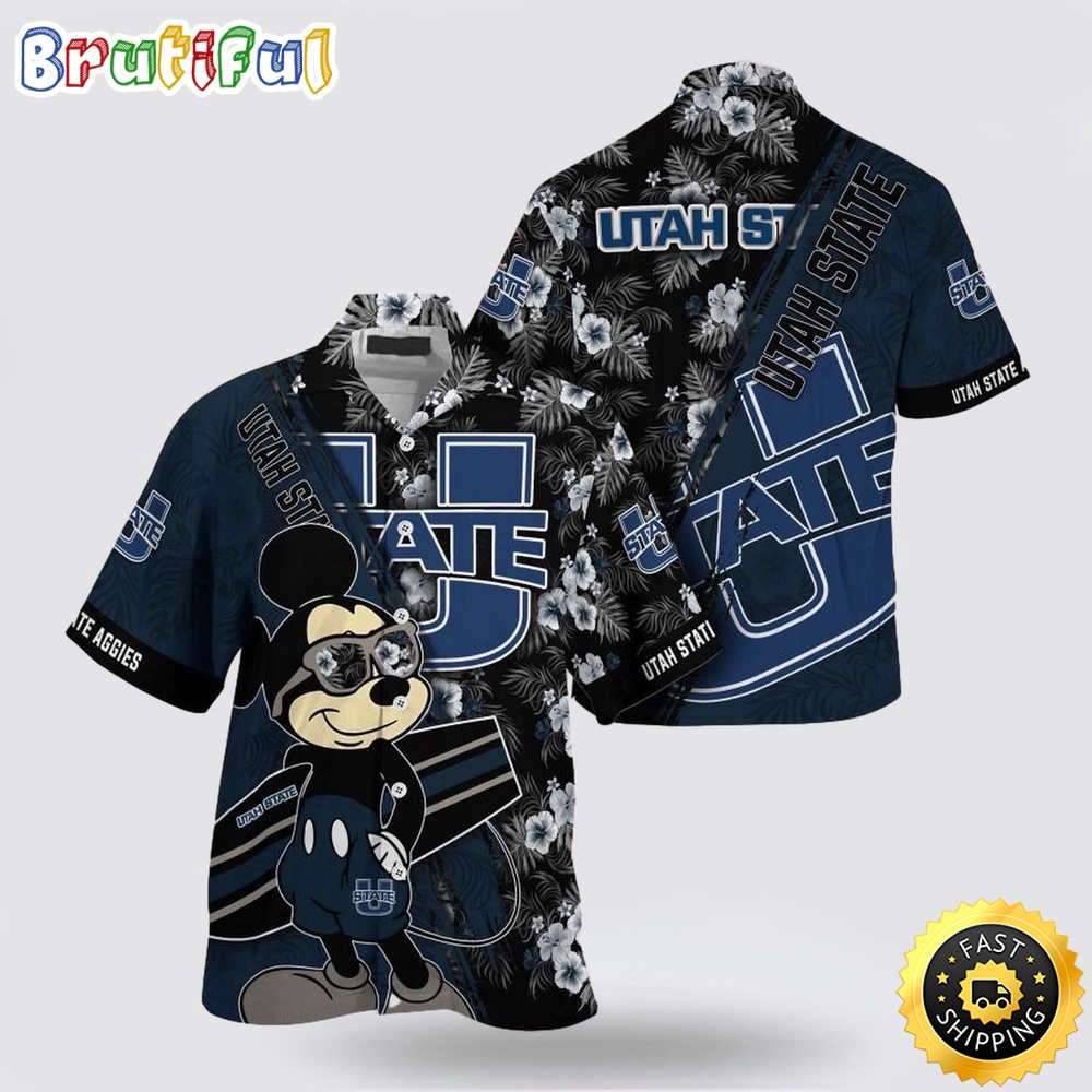 NCAA Utah State Aggies Hawaiian Shirt Mickey And Floral Pattern NCAA Utah State Aggies Hawaiian Shirt Mickey And Floral Pattern