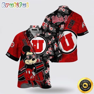 NCAA Utah Utes Hawaiian Shirt Mickey And Floral Pattern