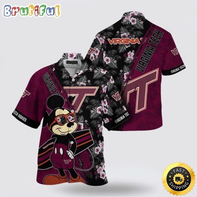 NCAA Virginia Tech Hokies Hawaiian Shirt Mickey And Floral Pattern