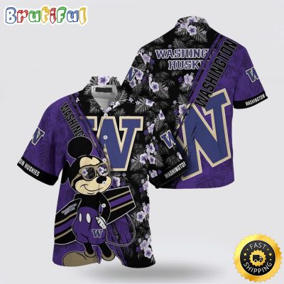NCAA Washington Huskies Hawaiian Shirt Mickey And Floral Pattern