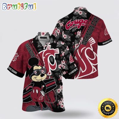 NCAA Washington State Cougars Hawaiian Shirt Mickey And Floral Pattern