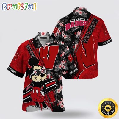 NCAA Wisconsin Badgers Hawaiian Shirt Mickey And Floral Pattern