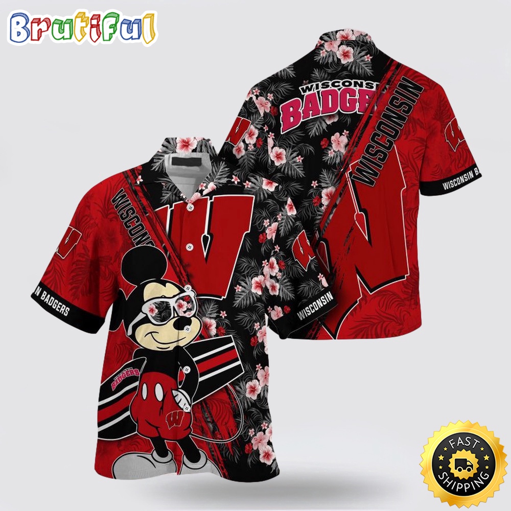 NCAA Wisconsin Badgers Hawaiian Shirt Mickey And Floral Pattern