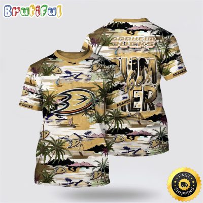 NHL Anaheim Ducks All Over Print T Shirt Tropical Desert Island Motif Summer T Shirt