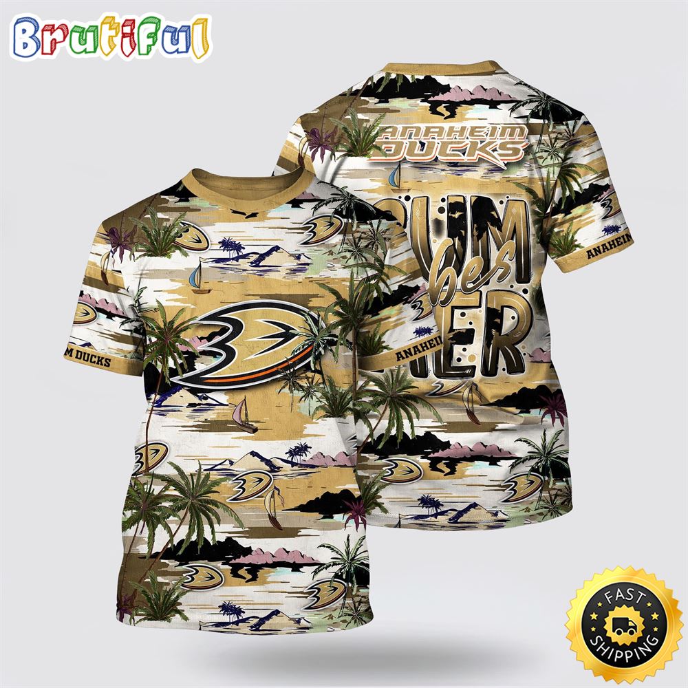 NHL Anaheim Ducks All Over Print T Shirt Tropical Desert Island Motif Summer T Shirt