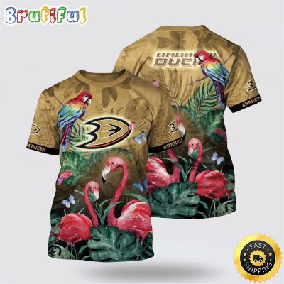 NHL Anaheim Ducks All Over Print T Shirt Tropical Parrot And Flamingo Motifs Summer T Shirt
