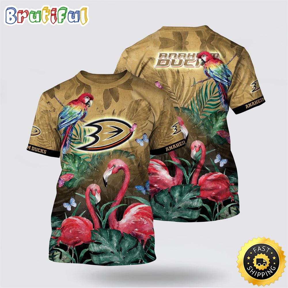 NHL Anaheim Ducks All Over Print T Shirt Tropical Parrot And Flamingo Motifs Summer T Shirt