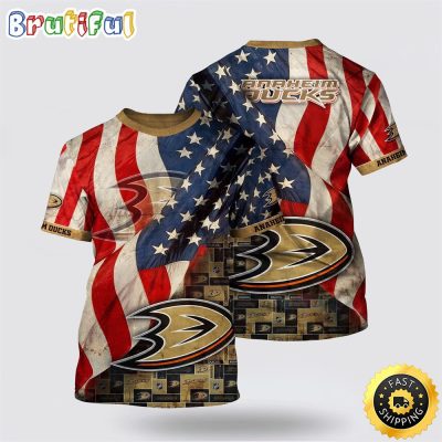 NHL Anaheim Ducks All Over Print T Shirt With American Flag Pattern Summer T Shirt