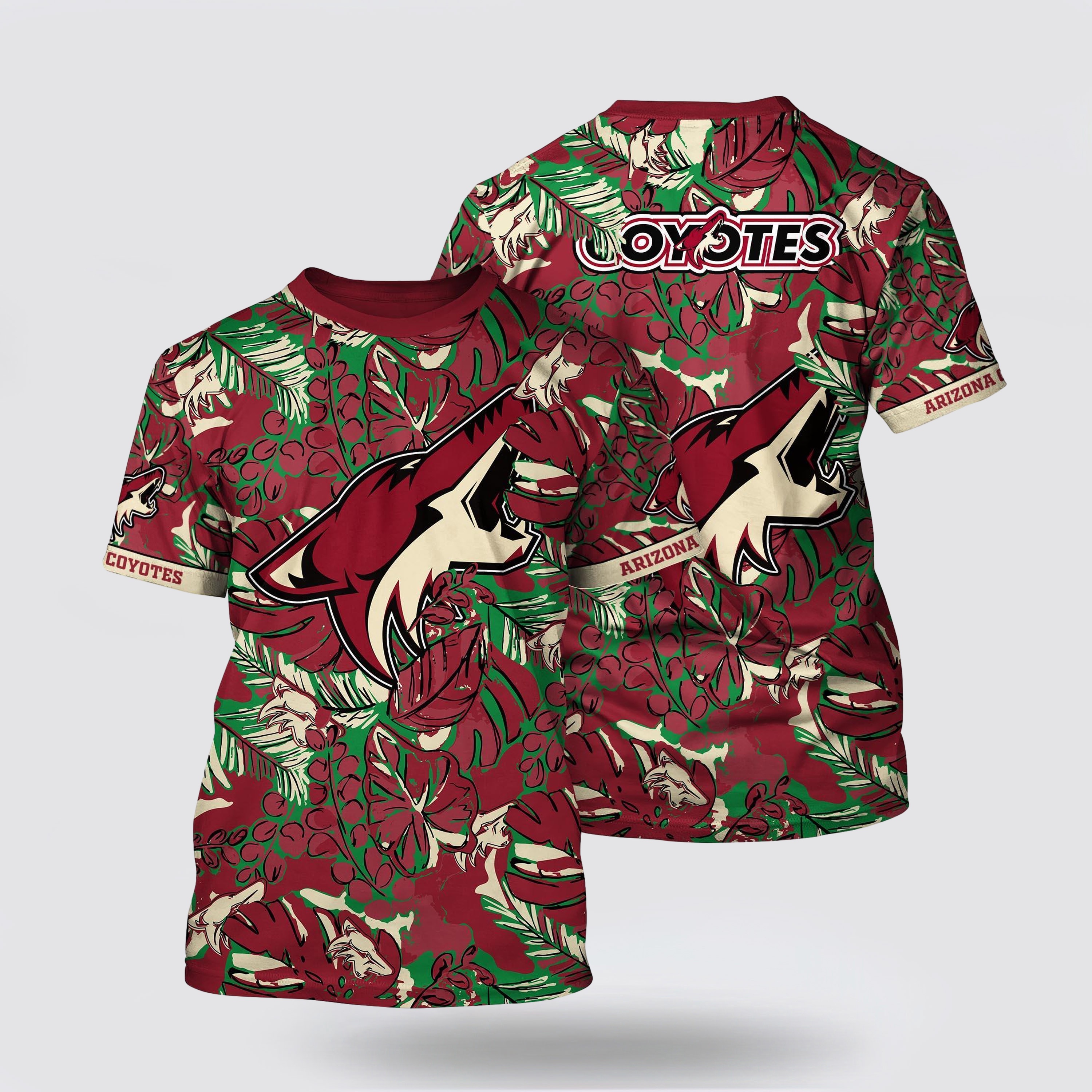 NHL Arizona Coyotes All Over Print T Shirt Tropical Leaf Pattern Summer T Shirt