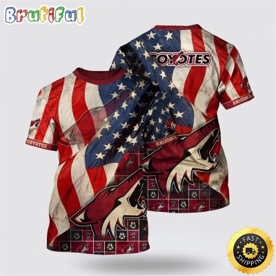 NHL Arizona Coyotes All Over Print T Shirt With American Flag Pattern Summer T Shirt