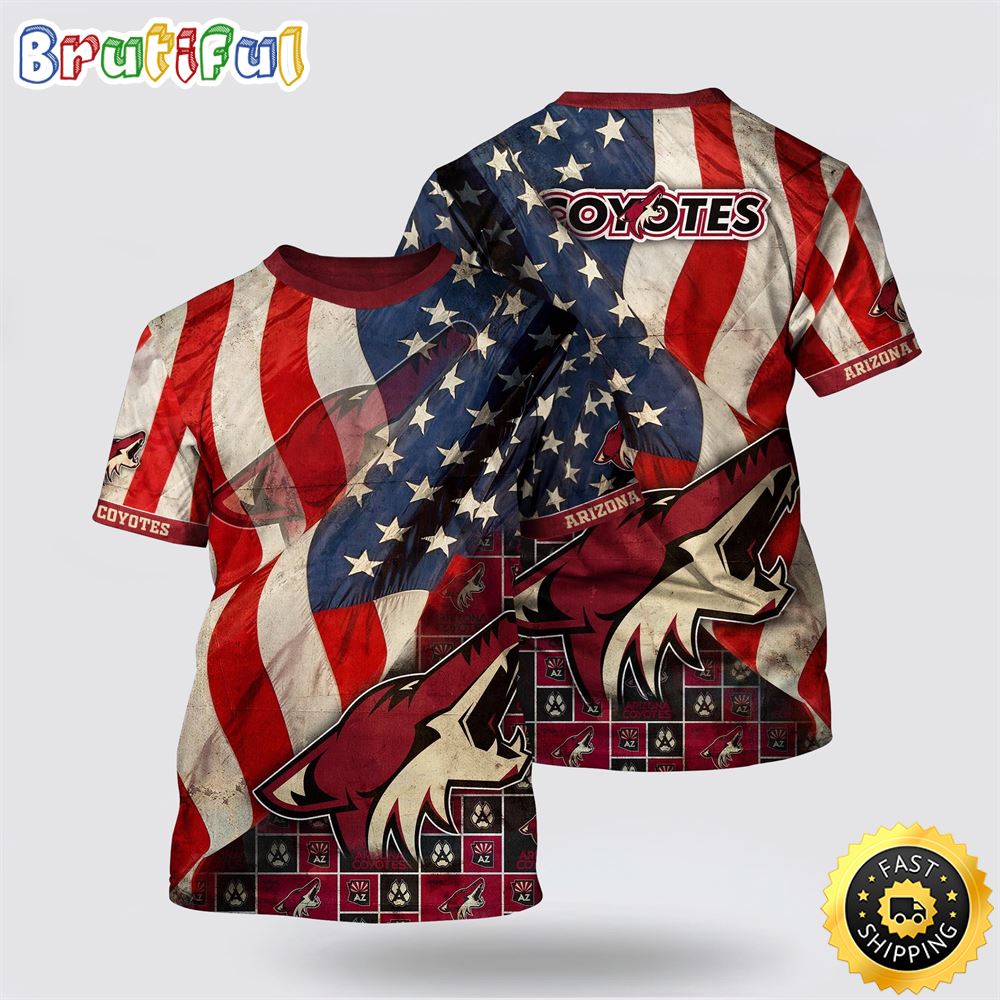 NHL Arizona Coyotes All Over Print T Shirt With American Flag Pattern Summer T Shirt