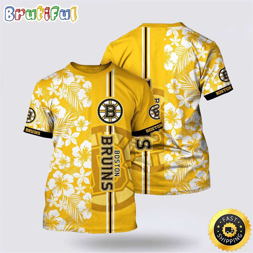 NHL Boston Bruins All Over Print T Shirt Tropical Apricot Blossom Pattern Summer T Shirt