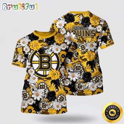 NHL Boston Bruins All Over Print T Shirt Tropical Begonia Flower Pattern Summer T Shirt