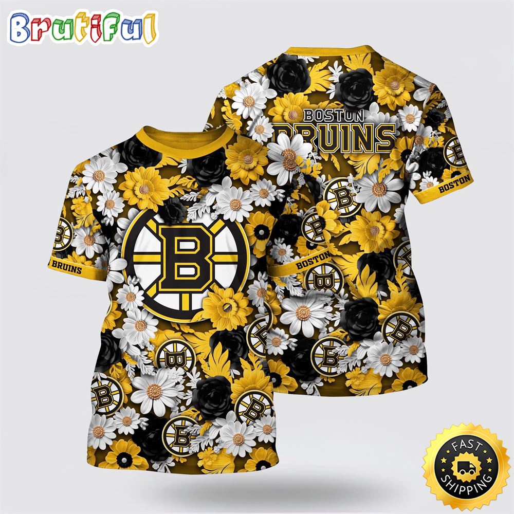 NHL Boston Bruins All Over Print T Shirt Tropical Begonia Flower Pattern Summer T Shirt