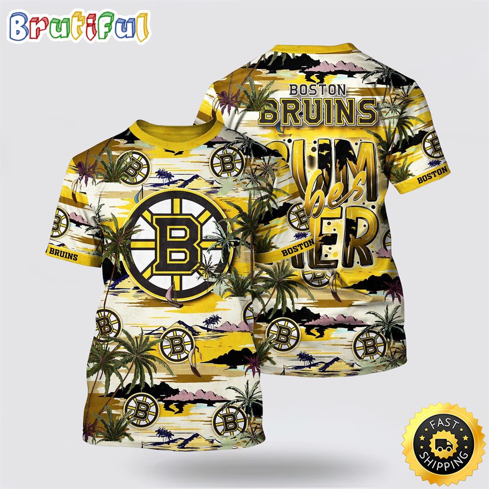 NHL Boston Bruins All Over Print T Shirt Tropical Desert Island Motif Summer T Shirt