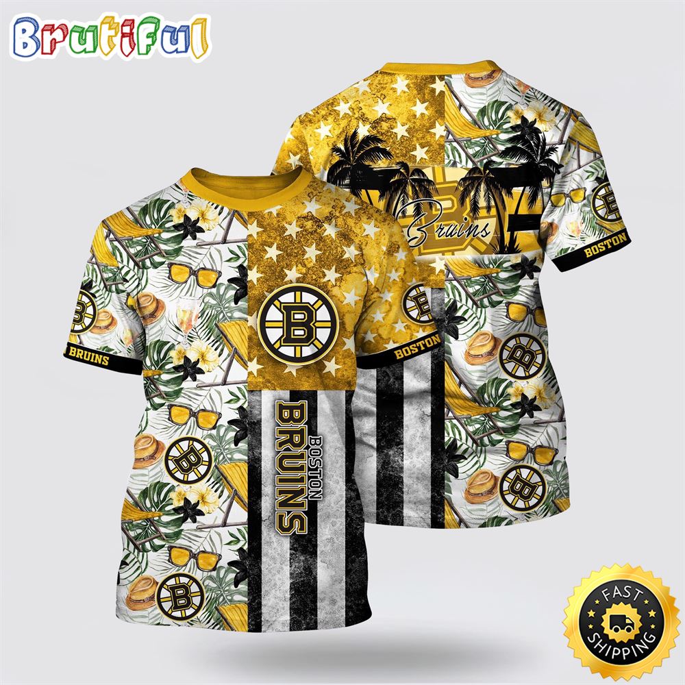 NHL Boston Bruins All Over Print T Shirt Tropical Hat And Glasses Pattern Summer T Shirt