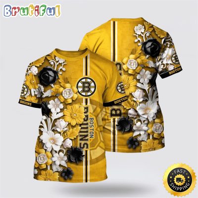 NHL Boston Bruins All Over Print T Shirt Tropical Hepatica Floral Pattern Summer T Shirt