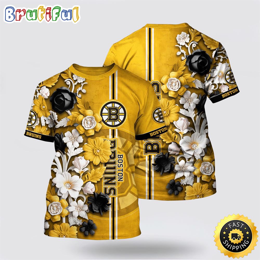 NHL Boston Bruins All Over Print T Shirt Tropical Hepatica Floral Pattern Summer T Shirt