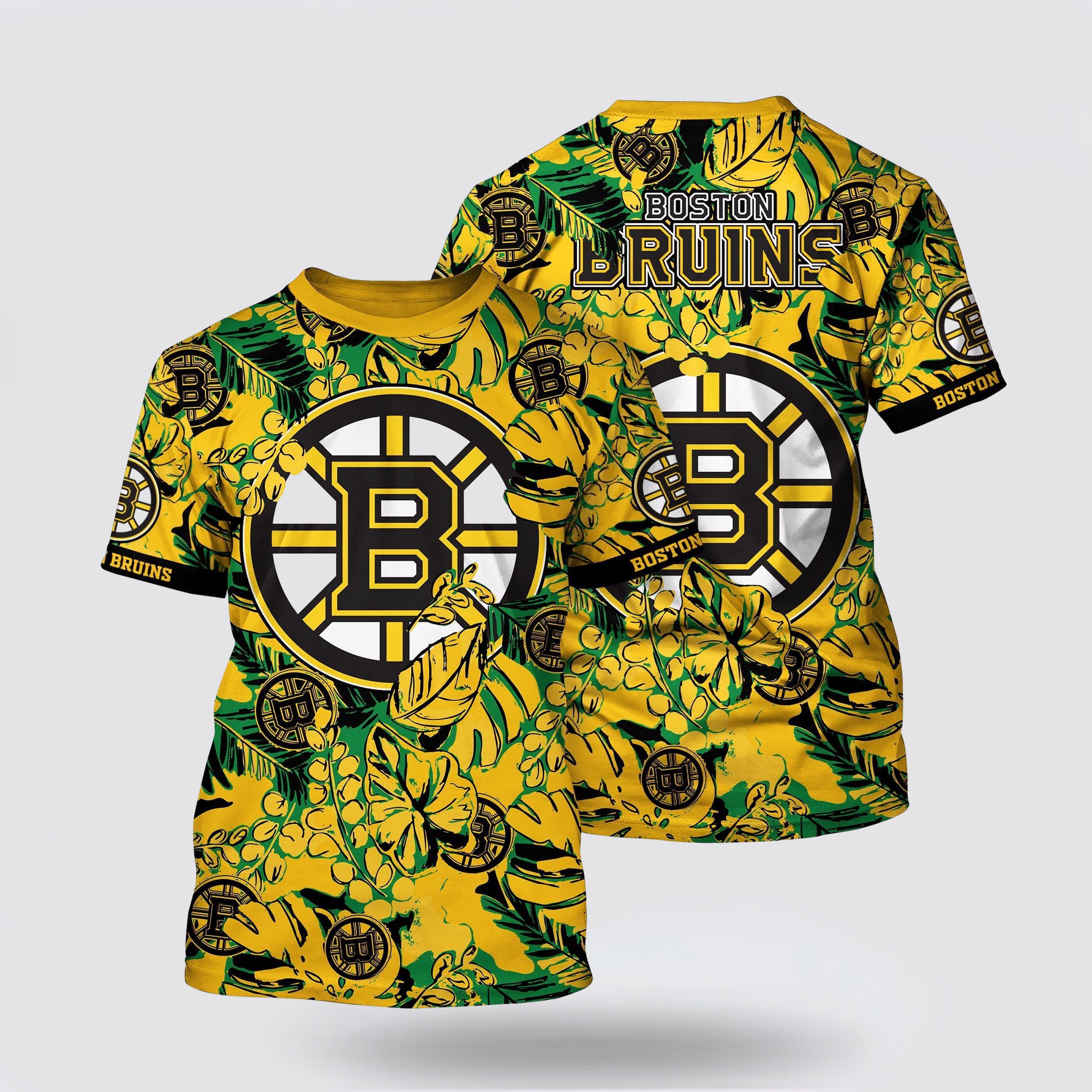 NHL Boston Bruins All Over Print T Shirt Tropical Leaf Pattern Summer T Shirt