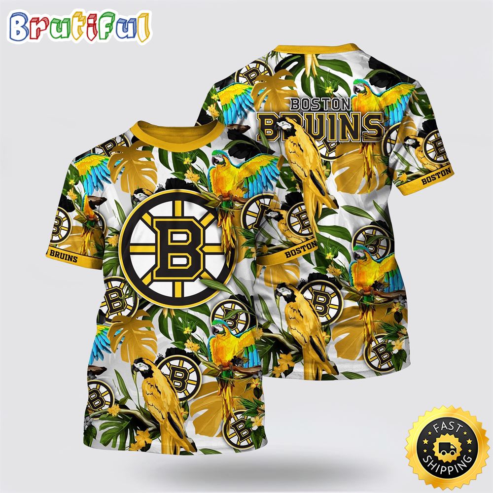 NHL Boston Bruins All Over Print T Shirt Tropical Parrot Pattern Summer T Shirt