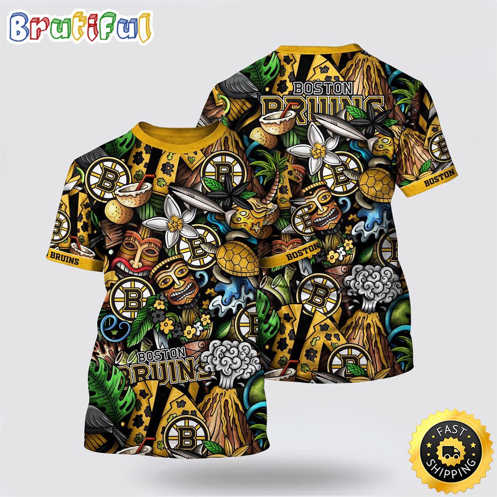 NHL Boston Bruins All Over Print T Shirt Tropical Tiki Pattern Summer T Shirt