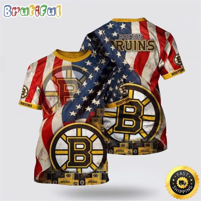 NHL Boston Bruins All Over Print T Shirt With American Flag Pattern Summer T Shirt