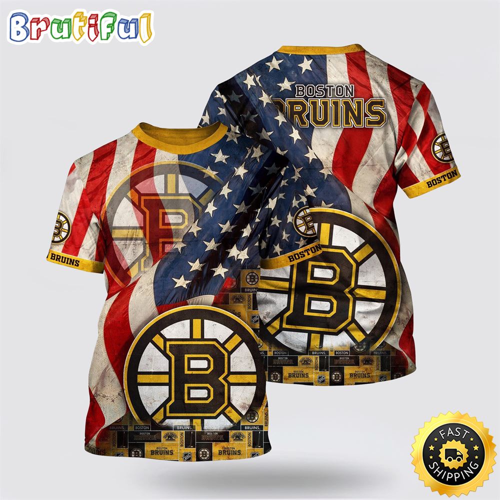 NHL Boston Bruins All Over Print T Shirt With American Flag Pattern Summer T Shirt