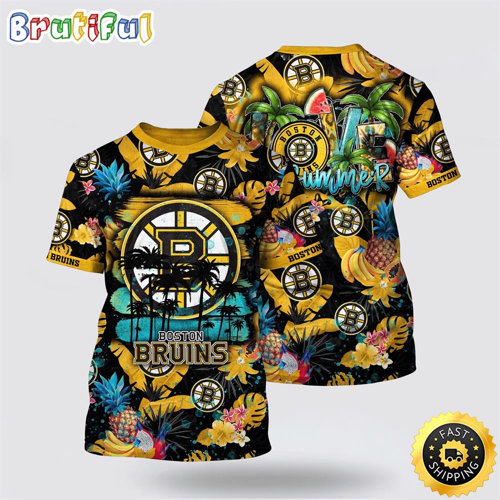 NHL Boston Bruins All Over Print T Shirt With Tropical Fruits Summer T Shirt