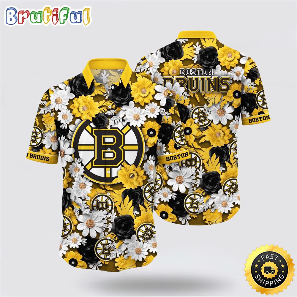 NHL Boston Bruins Hawaiian Shirt Tropical Begonia Flower Pattern Summer Hawaiian Shirt NHL Boston Bruins Hawaiian Shirt Tropical Begonia Flower Pattern Summer Hawaiian Shirt