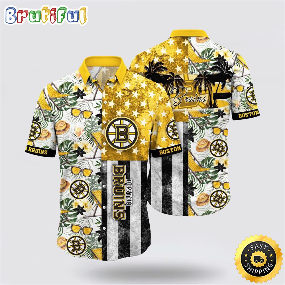 NHL Boston Bruins Hawaiian Shirt Tropical Hat And Glasses Pattern Summer Hawaiian Shirt