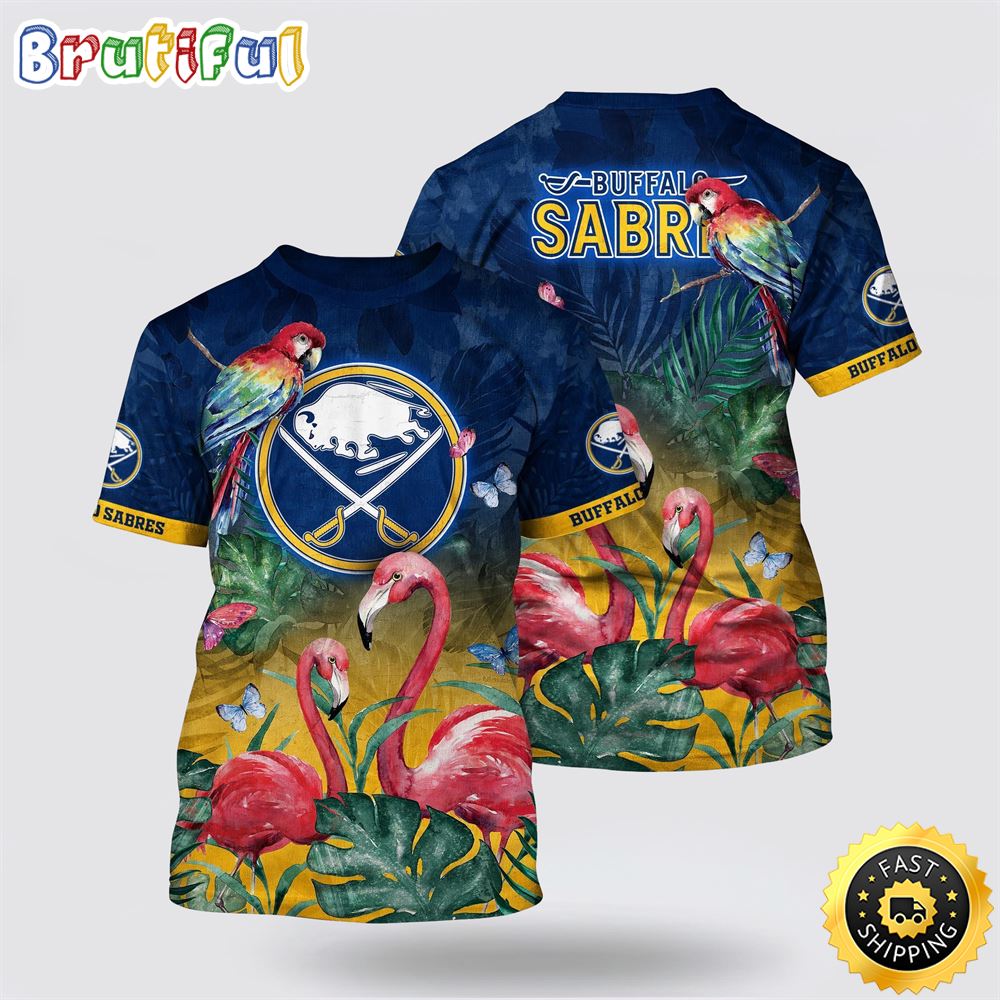 NHL Buffalo Sabres All Over Print T Shirt Tropical Parrot And Flamingo Motifs Summer T Shirt