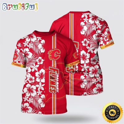 NHL Calgary Flames All Over Print T Shirt Tropical Apricot Blossom Pattern Summer T Shirt