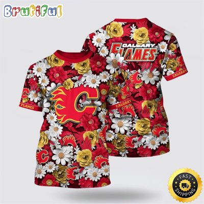 NHL Calgary Flames All Over Print T Shirt Tropical Begonia Flower Pattern Summer T Shirt