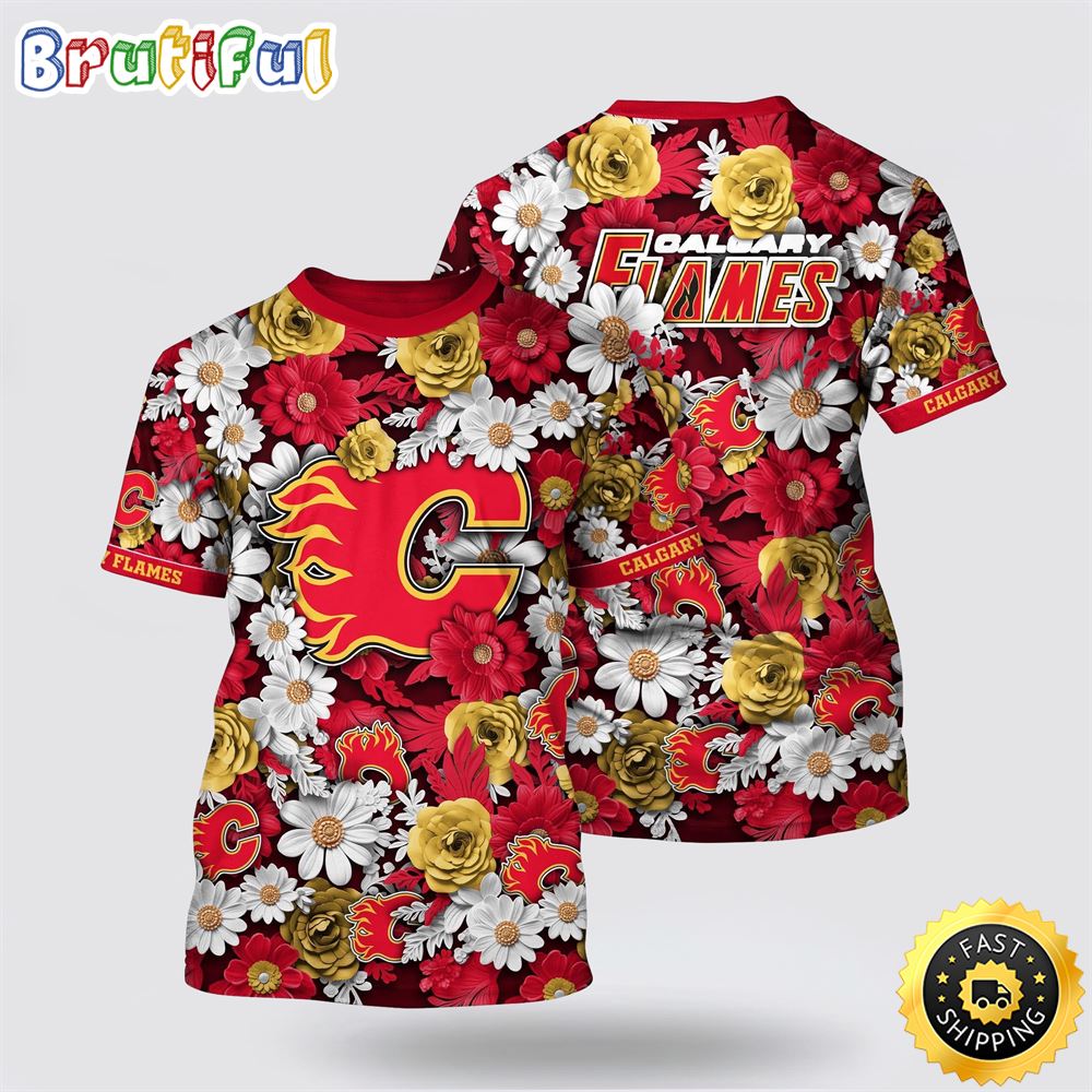 NHL Calgary Flames All Over Print T Shirt Tropical Begonia Flower Pattern Summer T Shirt