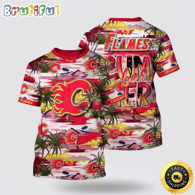 NHL Calgary Flames All Over Print T Shirt Tropical Desert Island Motif Summer T Shirt