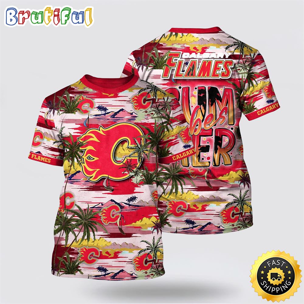 NHL Calgary Flames All Over Print T Shirt Tropical Desert Island Motif Summer T Shirt