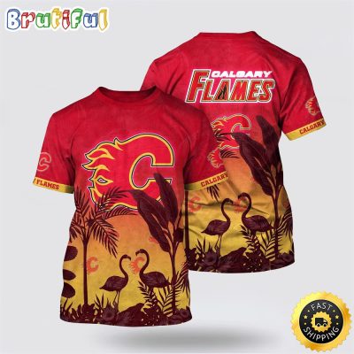 NHL Calgary Flames All Over Print T Shirt Tropical Flamingo Pattern Summer T Shirt