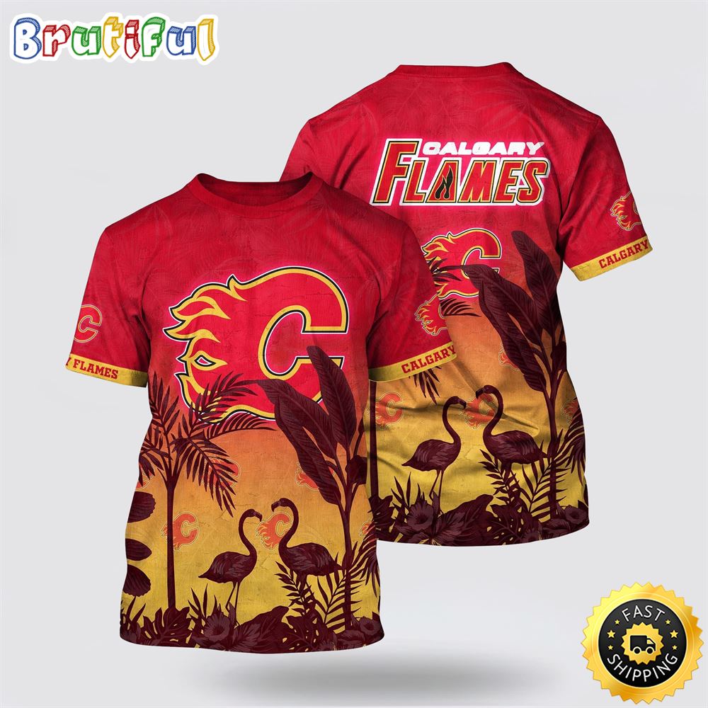 NHL Calgary Flames All Over Print T Shirt Tropical Flamingo Pattern Summer T Shirt