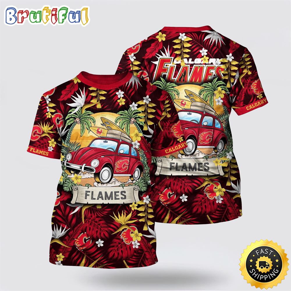 NHL Calgary Flames All Over Print T Shirt Tropical Forest Motif Car Traveling Summer T Shirt